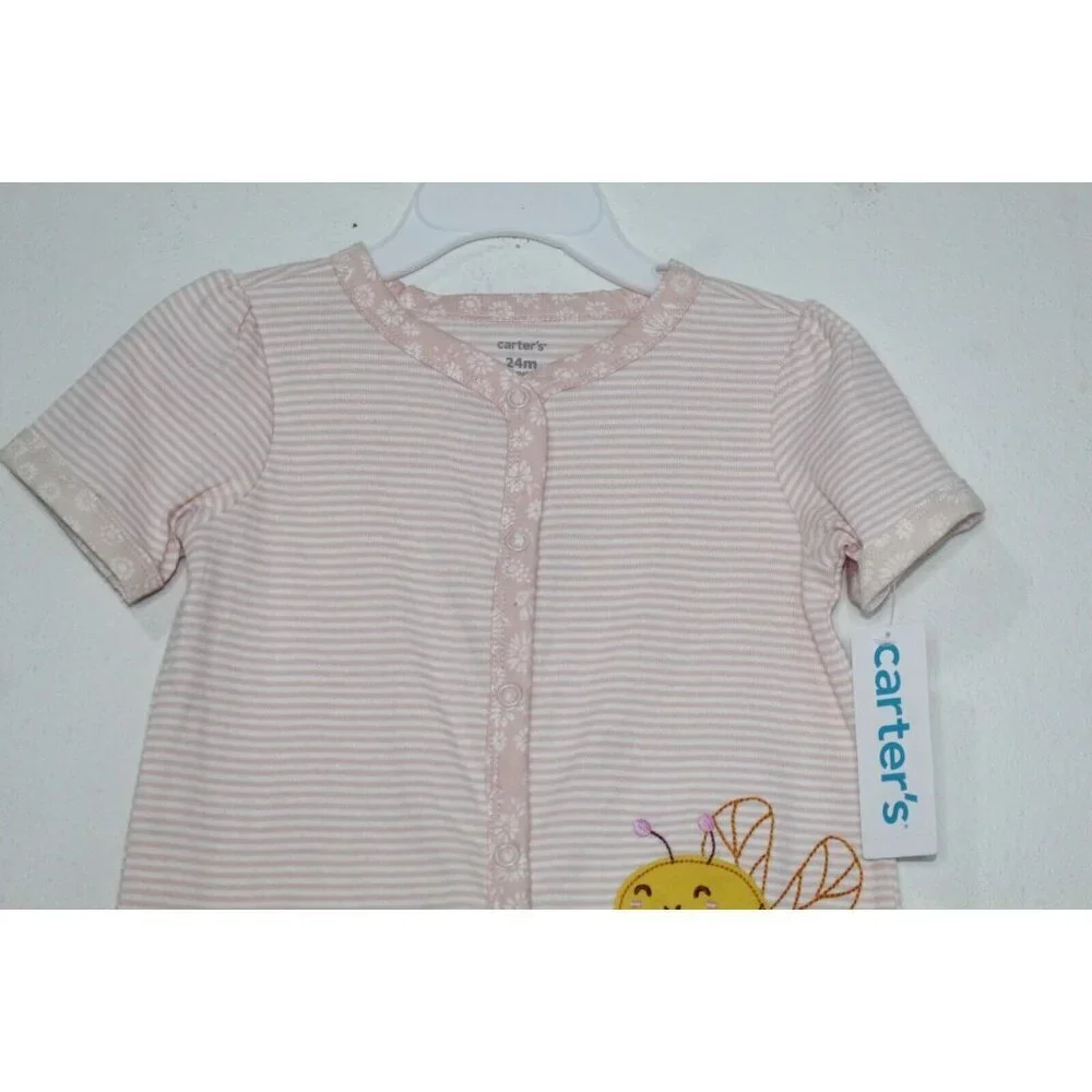 Carters Baby Girls Size 24 Months Cotton Pink Stripped Baby Bee Snap-Up Romper‎